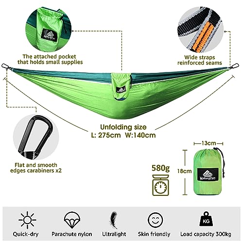 NatureFun Ultraleichte Reise Camping Hängematte | 300kg Tragkraft (275 x 140 cm) Atmungsaktiv,Schnelltrocknendes Fallschirm Nylon | 2 x Premium Karabiner,2 x Schlingen| Drinnen Draußen Garten - 3